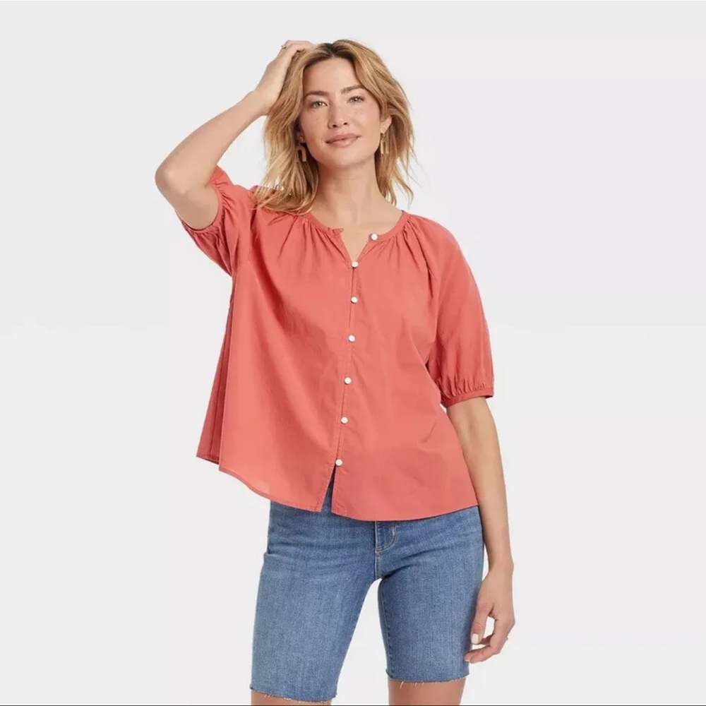 Universal Thread Puff Short Sleeve Rust Pink Top Size M Women’s Button Down